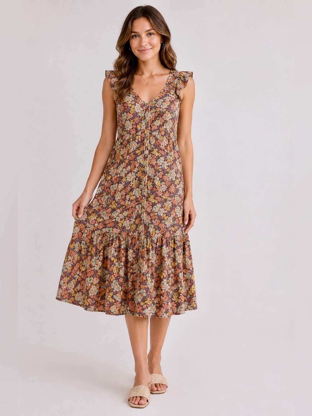 Veronica Beard Malgosia Floral Button-Front Ruffle Midi SunDress Euro Vacation 4